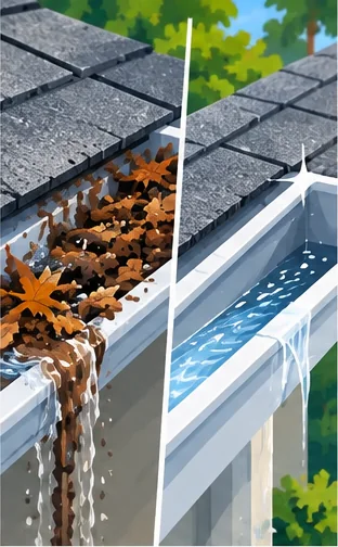 Illustration: a gutter packed with leaves on the left and the same gutter clean and flowing on the right