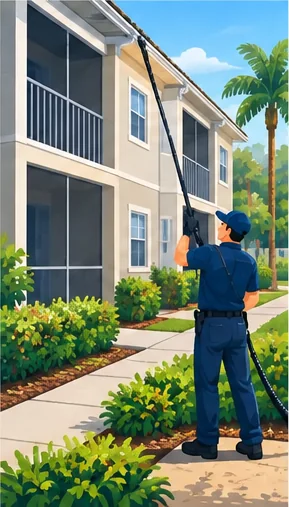 Illustration: a technician cleaning the gutters of a two-story condo building with a long pole from the ground