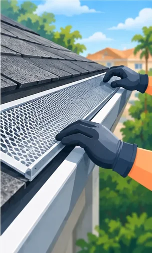 Illustration: gloved hands fitting a mesh gutter guard onto a gutter along a shingle roof edge