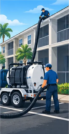 Illustration: a vacuum trailer and hose reaching the roofline of a condo building while a technician works below