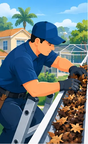 Illustration: a technician on a ladder scooping wet leaves out of a gutter beside a Florida home with a screened pool